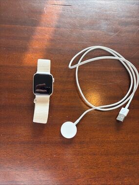 Apple Watch with Cream Nylon Loop and White Magnetic Charger